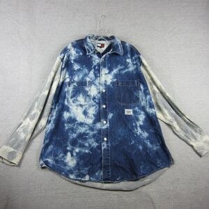 Tommy Hilfiger Denim Shirt Men Large Blue Gray Bleach Sleeve Chambray Button Y2K